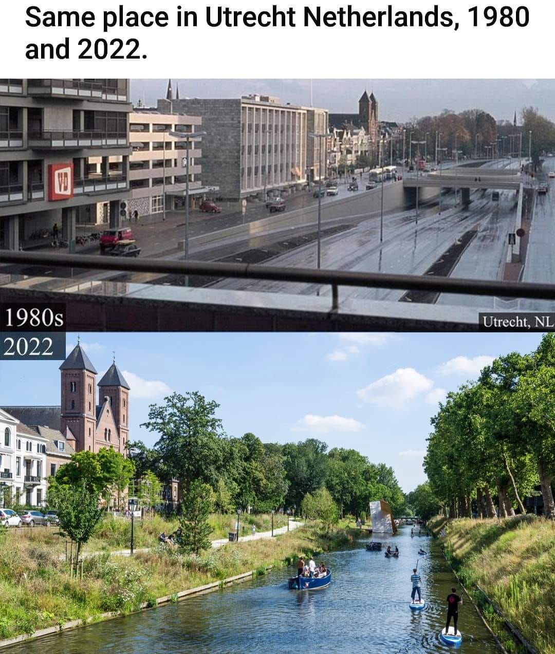The meme is a side-by-side comparison of two images. The top image shows a crowded, polluted city street in the 1980s, with cars and pedestrians everywhere. The bottom image shows a serene, green park with a canal running through it, with people biking and walking along the path. The text "In 2 minutes" appears in the bottom left corner of the top image, and "Now" appears in the bottom right corner of the bottom image. The caption at the top of the meme reads "In 2 minutes" and "Now", implying that the transformation from a polluted city to a peaceful park occurred in just 2 minutes, but is actually a joke referencing the 2-minute noodle brand.