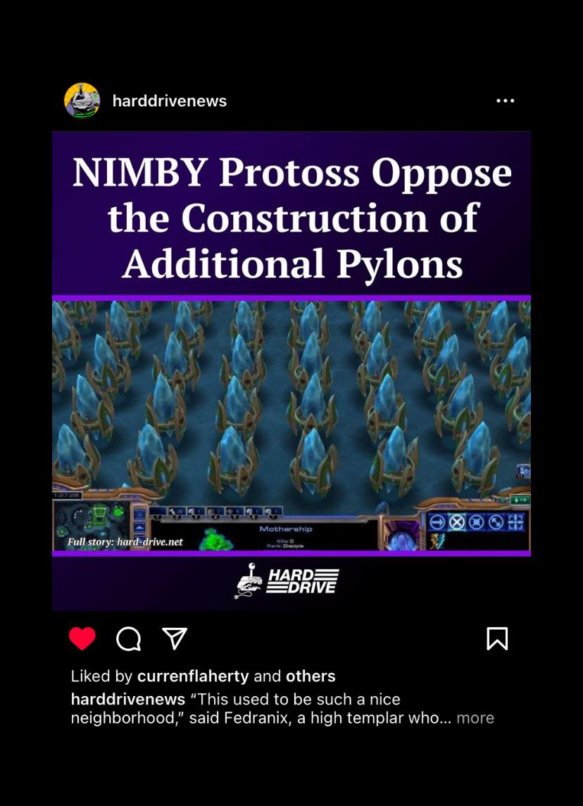 The meme is a screenshot of a Reddit post with a title that reads "NIMBY" (Not In My Back Yard) followed by a dash and "protest" and then "...of" and finally "...the construction of additional pylons".