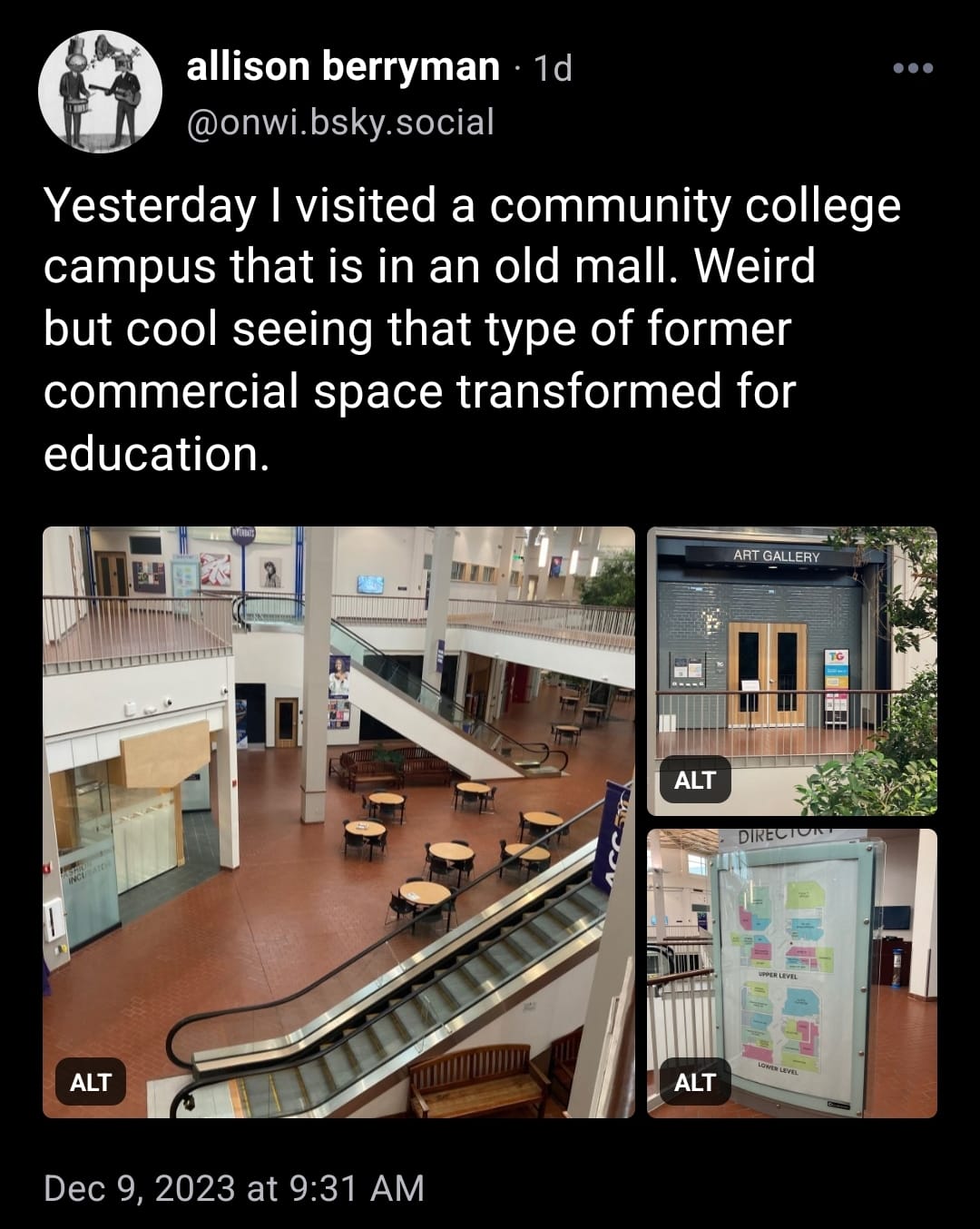 The meme is a humorous observation about the contrast between the modern, tech-savvy environment of a community college and the nostalgic, outdated atmosphere of a traditional mall. The text accompanying the image rea...