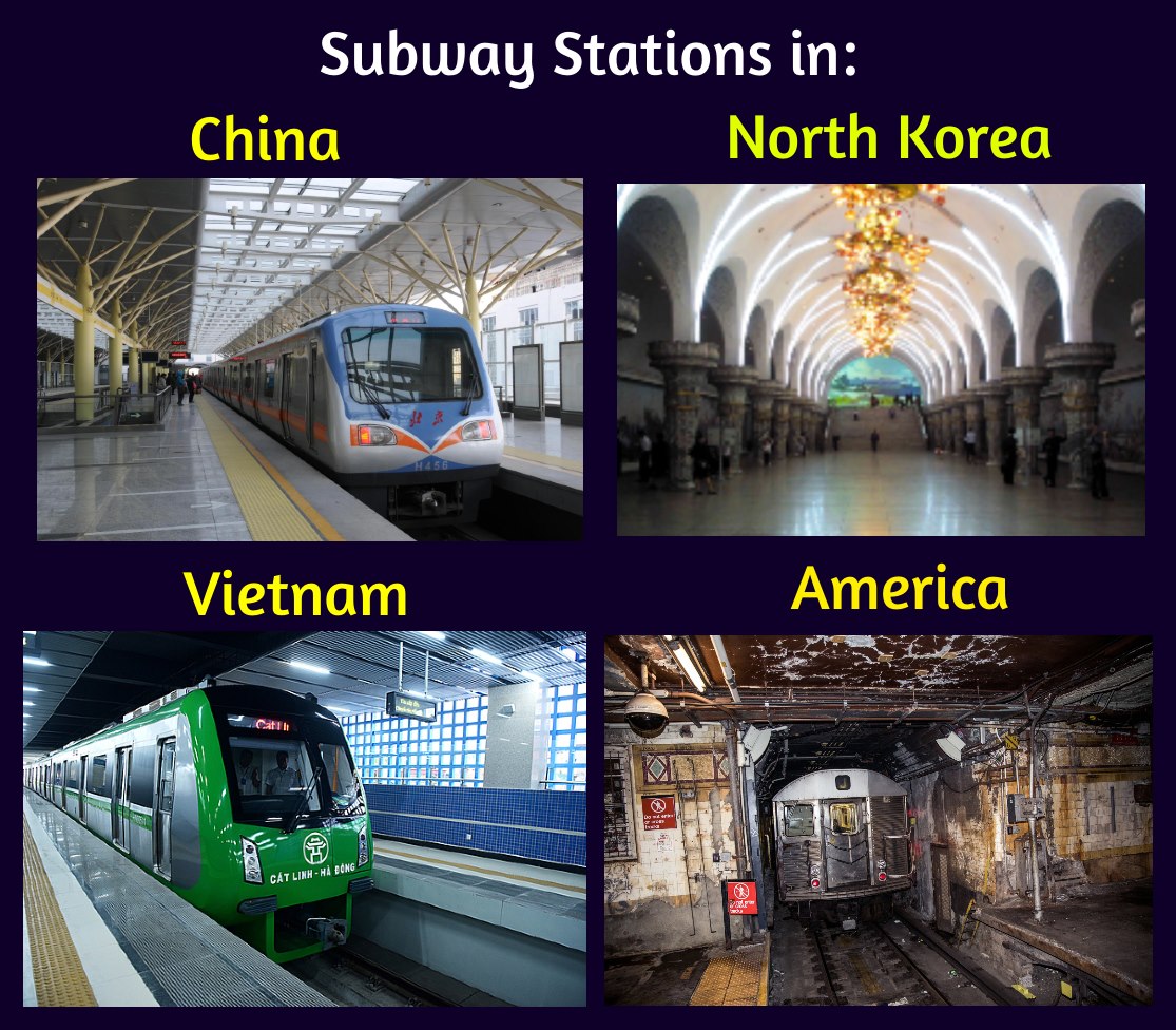 The meme is a visual comparison between the train stations of China and the United States. The image shows two side-by-side photos, one of a sleek, modern Chinese train station with a bright, clean interior, and the other of a worn, dimly lit New York City subway station with graffiti-covered walls. The text "China vs USA" appears above the images, implying that the contrast between the two stations is a reflection of the countries' differing economic and social systems.