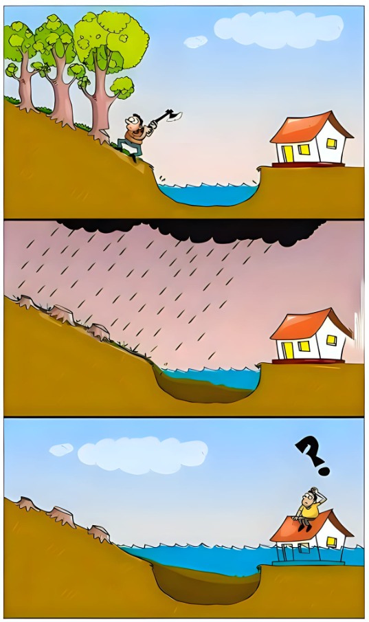 The meme is a cartoon image showing a person trying to escape from a flood in their home. The image is divided into three panels, with the first showing the person holding a "help" sign, the second showing a massive wave flooding the house, and the third showing the person sitting on a roof with a sign that says "I told you to evacuate when I said the water was rising".