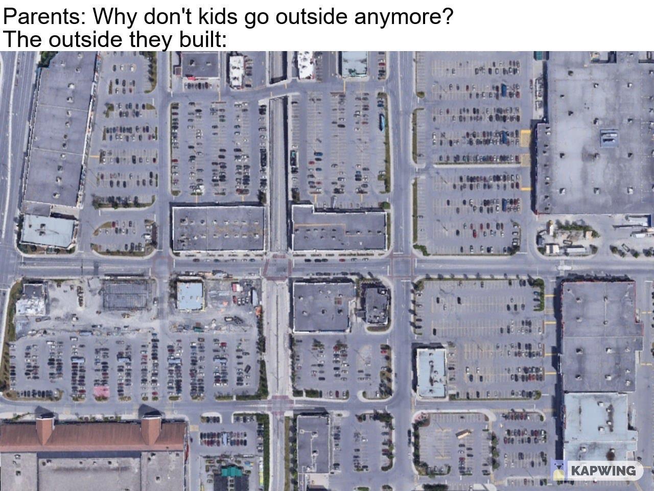 The meme is a humorous illustration of a large, empty parking lot with a single, tiny house in the center. The text at the top reads "Why did the kid cross the road?" and the text at the bottom says "To get to the other side... of the parking lot." The meme is poking fun at the idea that a child's reason for crossing a road is often met with skepticism, but in this case, the child is simply trying to get to the other side of a massive parking lot, which is a ridiculous and humorous reason.