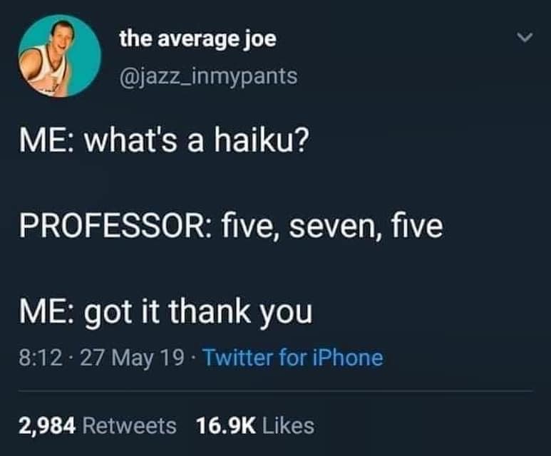 The meme is a Twitter exchange between two users. The first user asks about the definition of a haiku, and the second user responds with a five-word poem: "I am a five-ten-ten-ten-ten." The response is a clever play on words, using the number of letters in the words "I", "am", "a", "five", "ten", "ten", and "ten" to create a haiku-like poem.