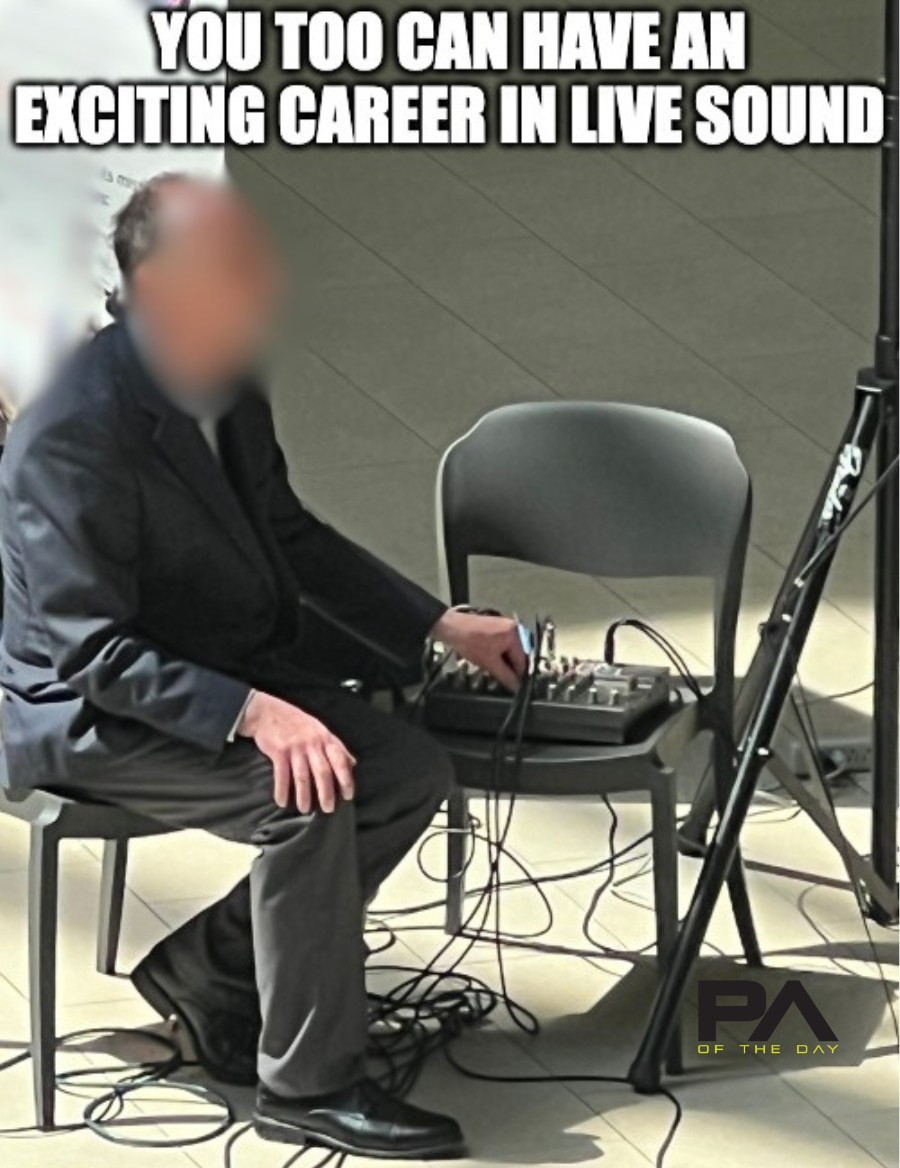 This meme is a humorous image of a man sitting in a chair, with a caption that reads "You too can have an exciting career in live sound." The image appears to be a joke about the mundane nature of a person's job, as the man is sitting in a chair with a soundboard in front of him, but he seems to be just sitting there, doing nothing. The caption is ironic, implying that the man's job is not as exciting as it sounds.